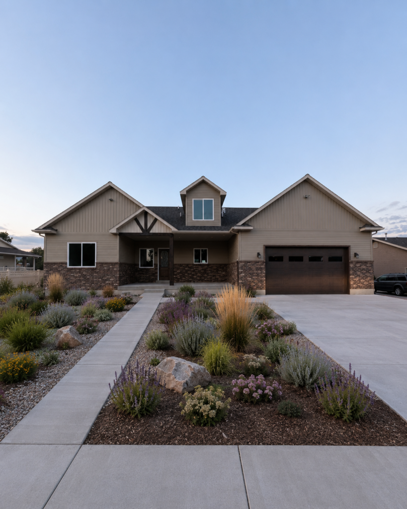 Front exterior of Carpenter Custom Home in Cache Valley, Utah with tan siding, brick accents, covered entry, dark garage door, and concrete driveway.