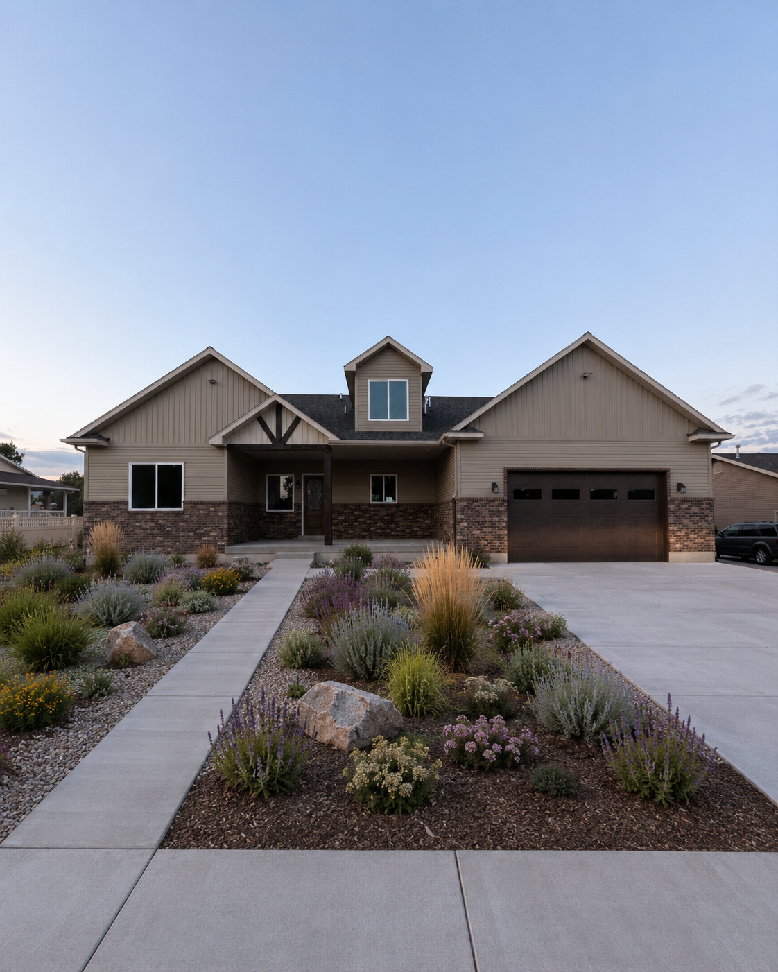 Front exterior of Carpenter Custom Home in Cache Valley, Utah with tan siding, brick accents, covered entry, dark garage door, and concrete driveway.