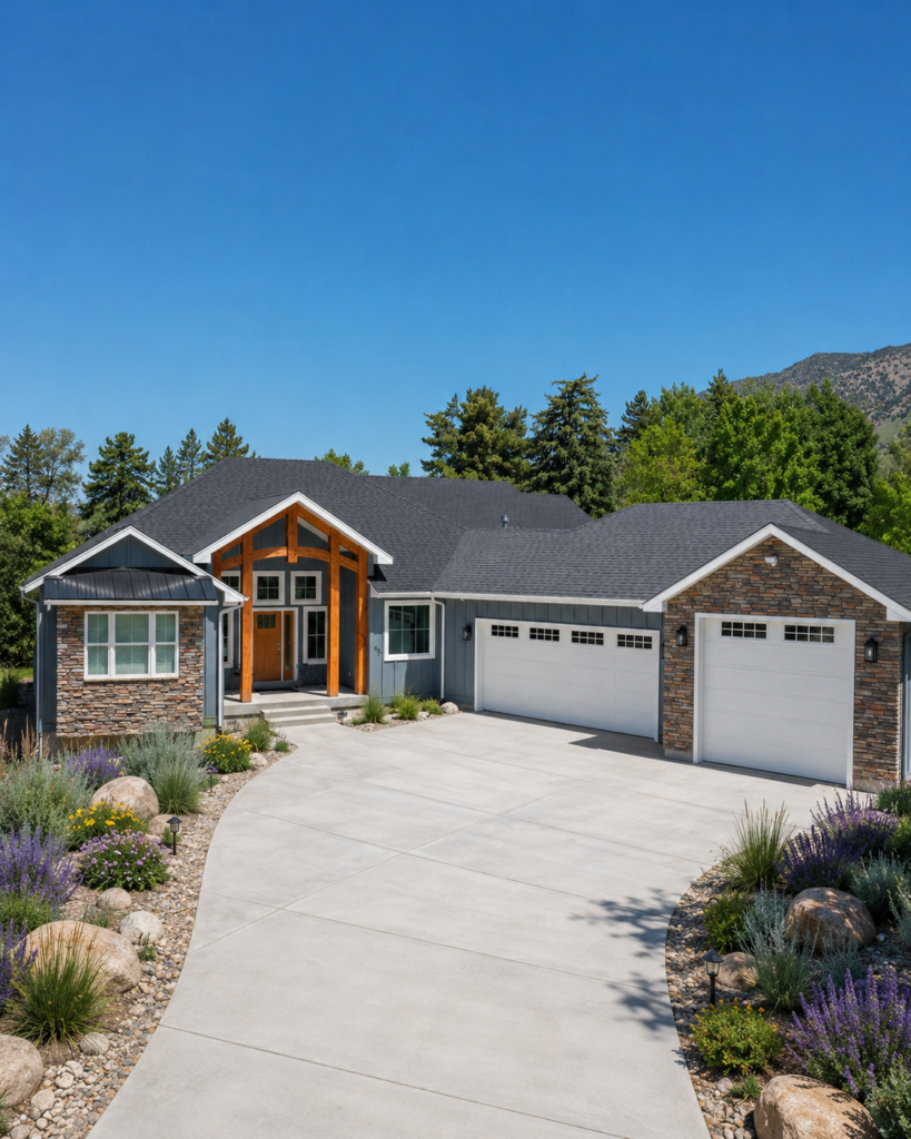 Front exterior of a custom craftsman home in Cache Valley, Utah with gray siding, stacked stone accents, timber entry beams, white garage doors, mountain views, and Utah native landscaping along the driveway.