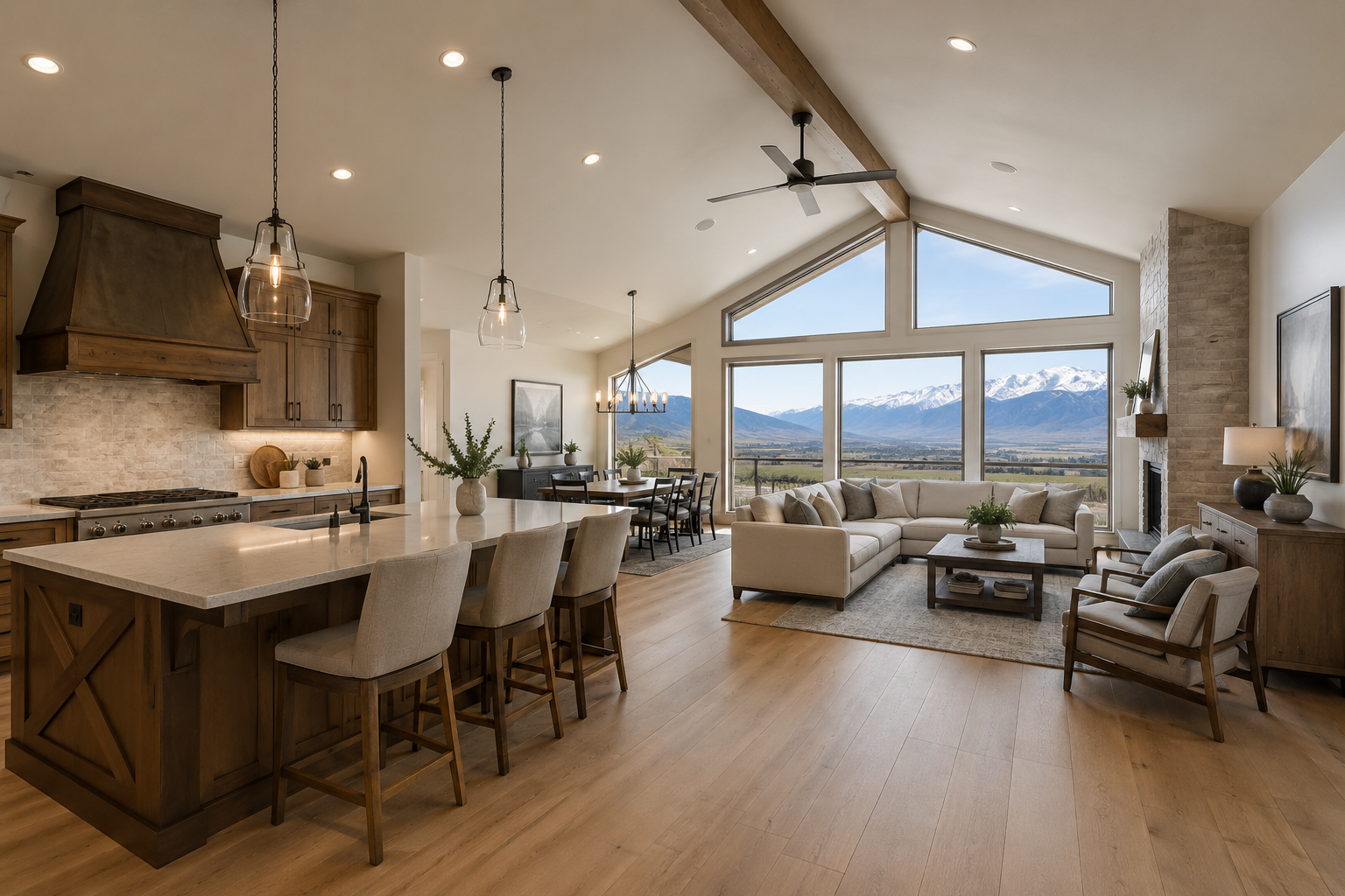 Open-concept custom home interior in Cache Valley, Utah with vaulted ceilings, mountain views, warm wood kitchen cabinetry, large island, pendant lighting, and connected family room.