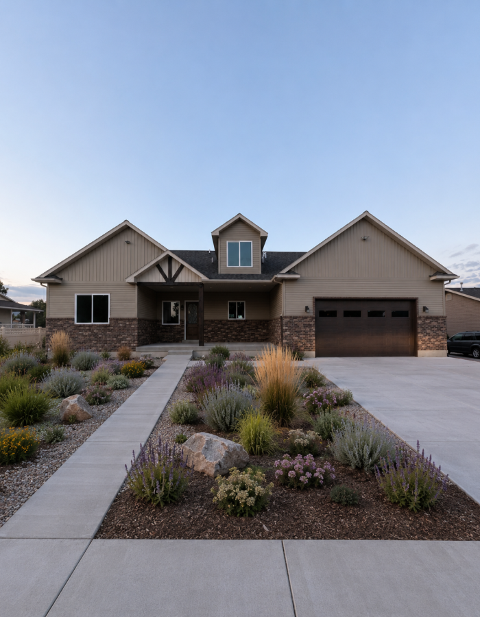 Front exterior of Carpenter Custom Home in Cache Valley, Utah with tan siding, brick accents, covered entry, dark garage door, and concrete driveway.