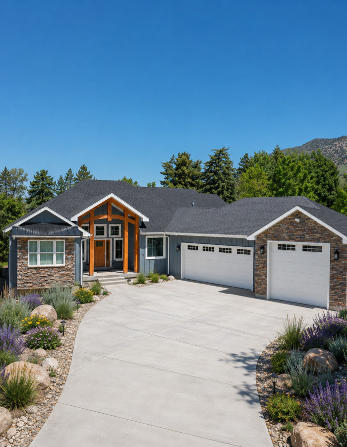 Front exterior of a custom craftsman home in Cache Valley, Utah with gray siding, stacked stone accents, timber entry beams, white garage doors, mountain views, and Utah native landscaping along the driveway.